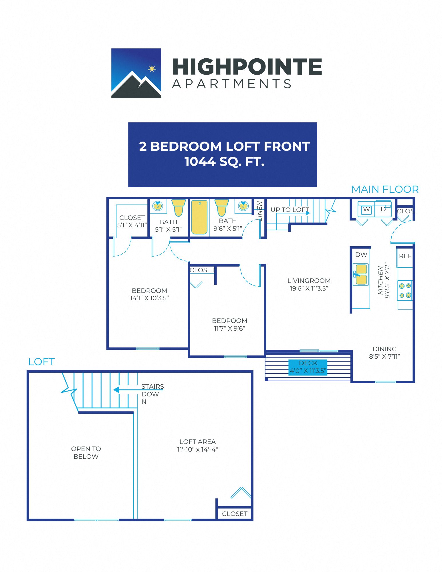 Floor plan for 2 beds, 1.5 baths, 1044 sqft